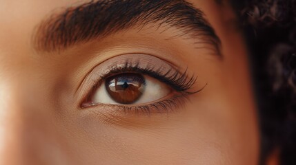 Obraz premium A detailed macro shot of a person's brown eye, showcasing eyelashes and iris textures
