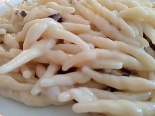 Italian pasta called trofie with vegetable sauce and cheese