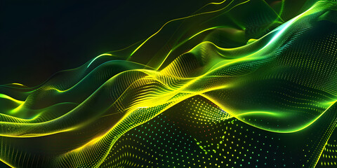 Obraz premium Dynamic background with green and yellow glowing neon wave patterns, providing an energetic and vibrant feel, suitable for sports equipment or futuristic fashion 