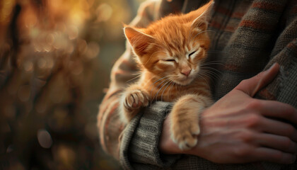 Fototapeta premium Cozy Autumn Cat: Ginger Kitten Snuggled in Warm Sweater on a Cool Fall Evening.