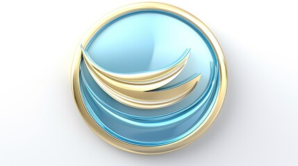 This is a 3D rendering of a blue and gold abstract logo. The logo is a circle with a gold border and a blue background.