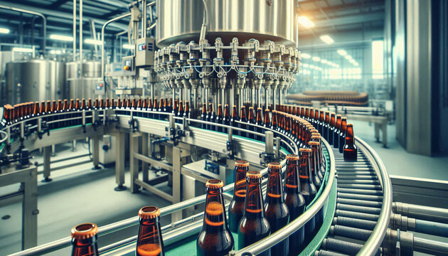 In einer modernen Fabrik f&uuml;llt eine automatische Abf&uuml;llmaschine Bier in braune Flaschen.
