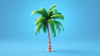 Obraz premium 3D rendering of a palm tree on a blue background. The palm tree is green and lush, with long, drooping leaves. The trunk is brown and textured.