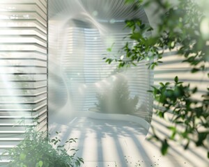 3D visualization of natural airflow patterns in a sustainable home, selective focus, ecofriendly design, ethereal, Fusion, ecohome backdrop