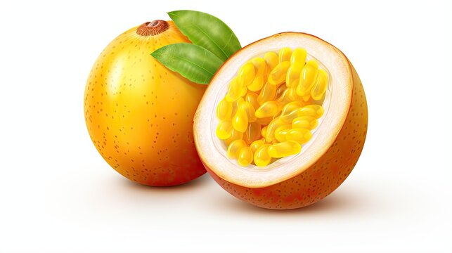 Close-up of a passion fruit. The fruit is cut in half, revealing the juicy, seed-filled interior.