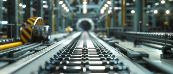 3D rendering of an automated assembly line in action, focus on, industrial efficiency, dynamic, Multilayer, factory backdrop