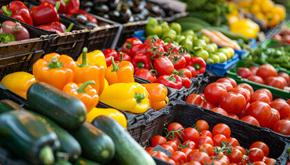 Fresh organic Vegetables and fruits on shelf in supermarket, farmers market. Healthy food market concept
