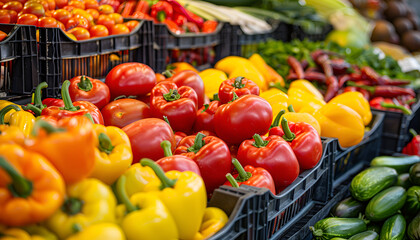 Fresh organic Vegetables and fruits on shelf in supermarket, farmers market. Healthy food market concept