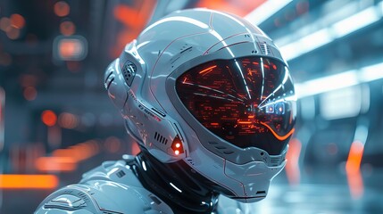 Futuristic helmet with sleek design and advanced technology, set against a sci-fi backdrop