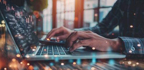 Close up of Hands Typing on Laptop with Abstract Data Visualization Overlay, Modern Workspace.