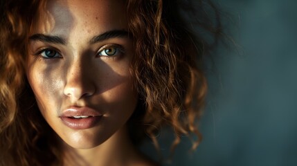 A woman with curly hair is illuminated by artistic blue lighting, enhancing her features