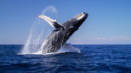 A humpback whale breaching the surface of the ocean and its massive body rising out of the water in a spectacular display