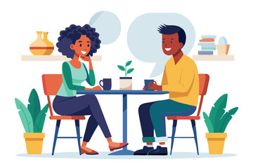 Fototapeta premium Happy black couple enjoying a fun conversation at a cafe white background modern flat design simple vector illustration isolated transparent background
