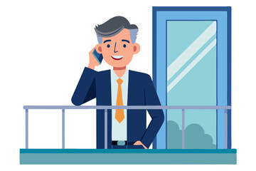 Obraz premium Mature business man smiling and talking on the phone by the balcony window white background modern flat design simple vector illustration isolated transparent background