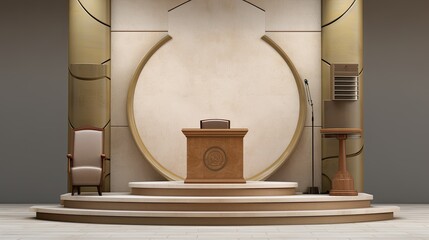 Elegant conference room interior with empty podium and chair on stage. 3D rendering.
