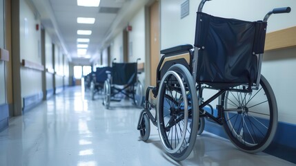 empty wheelchairs lined up in hospital corridor waiting for patients with copy space