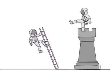 Single one line drawing astronaut kicks opponent who climbing the chess rook with ladder. Wrong move. Wrong strategy. Plan leaked by colleague. Traitor. Continuous line design graphic illustration