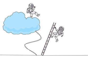 Single continuous line drawing astronaut kicks opponent who climbing the cloud with a ladder. Perfect achievement in business. Bring down competitors in any way. One line design vector illustration