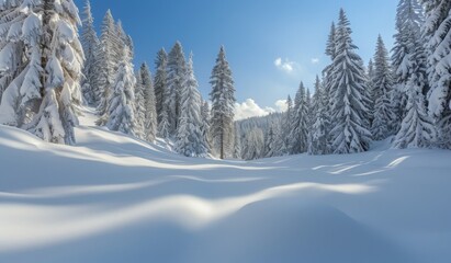 Fototapeta premium A serene snow-covered forest with tall pine trees, a blanket of fresh snow, and a clear blue sky