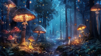 enchanted forest with glowing mushrooms and fireflies at night fantasy landscape ai generated artwork