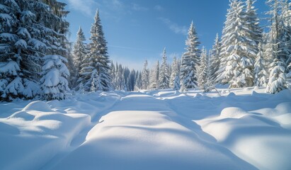 A serene snow-covered forest with tall pine trees, a blanket of fresh snow, and a clear blue sky