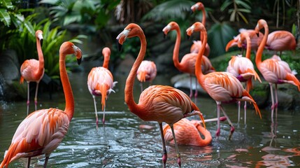 A flock of flamingos standing in a shallow lagoon and their pink feathers and long legs creating a striking image
