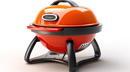 The product is a portable gas grill. It is orange and black in color. It has a round shape and a handle on top. It is sitting on a white surface.