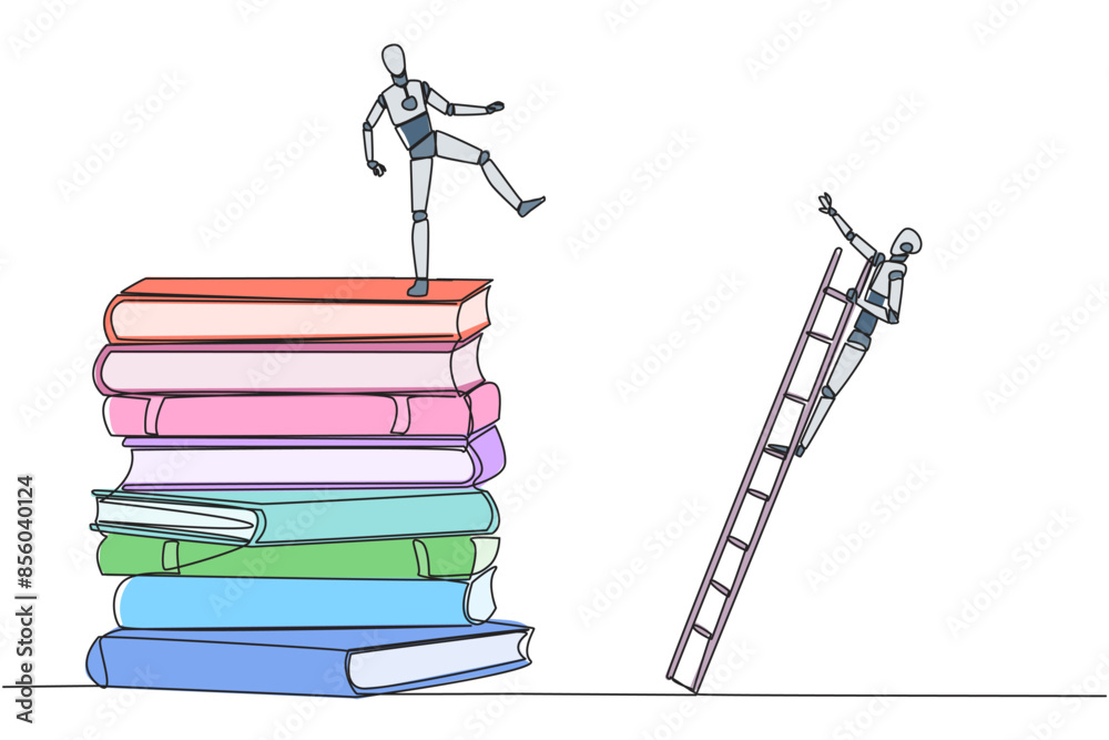 Poster continuous one line drawing smart robot kicks opponent who climbing a pile of books with a ladder. f