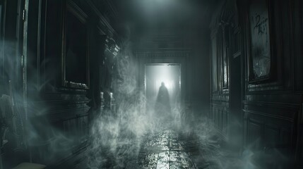 ghostly figure walking through a dark hallway with smoke coming from the floor