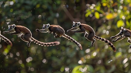 A group of lemurs leaping through the trees of Madagascar and their long tails and expressive faces full of personality