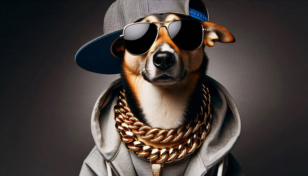 Superstar Hund mit Basecap, Sonnenbrille und goldener Halskette isoliert auf dunklem Hintergrund, copy space