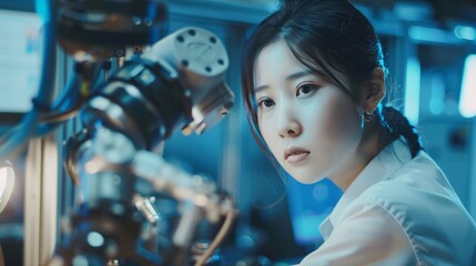 A female industrial engineer in a factory setting is working with automation robot arms, utilizing real-time monitoring system software for digital future manufacturing.