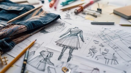 Detailed sketch of a dress surrounded by drawing materials and denim jacket, showcasing the fashion design process