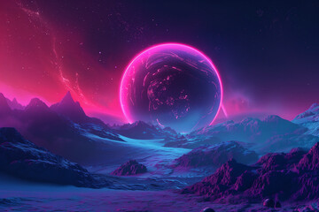 neon planet, fantastic space galaxy star landscape