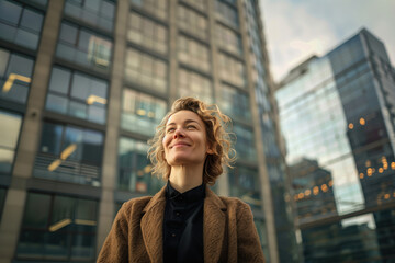 Confident woman with short curly hair smiling brightly in front of a modern office building, radiating joy and optimism