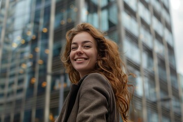 Fototapeta premium Happy young woman with flowing auburn hair smiling brightly in front of a modern office building, exuding joy and confidence