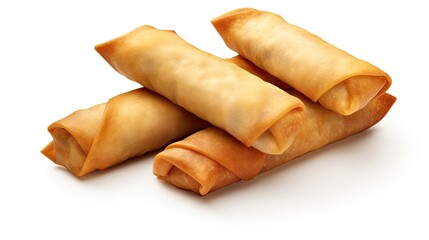 Four crispy fried spring rolls on a white background. The perfect addition to any party or meal.