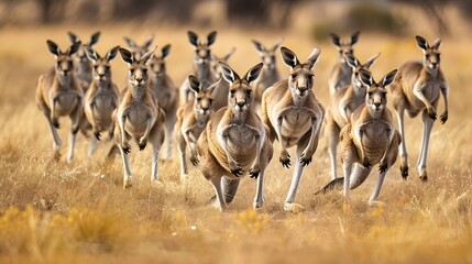 A herd of kangaroos bounding across the Australian outback and their powerful hind legs propelling them forward