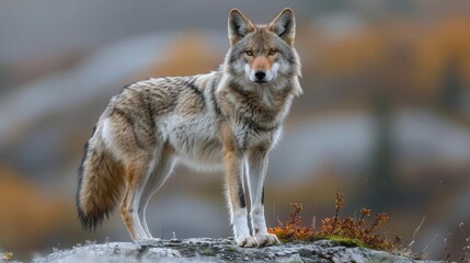 Fototapeta premium lone wolf standing on a rock in the mountains