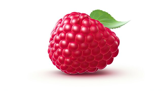 A photo of a red raspberry on a white background with a leaf. The raspberry is in focus and has a realistic appearance.