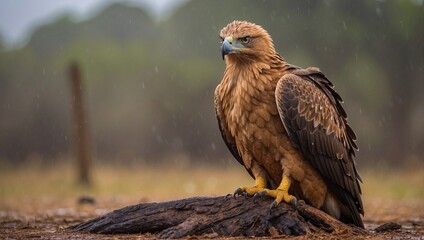 Fototapeta premium Tawny Eagle Crouches on Stump During Rainfall