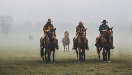 People on Horses Across Foggy Field Landscape
