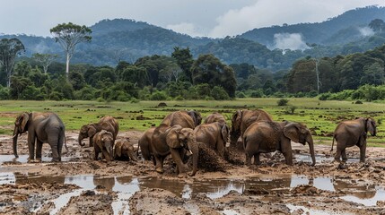A herd of elephants taking a mud bath and their massive bodies coated in a layer of brown mud as they cool off in the heat