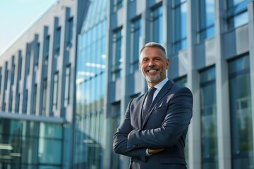 Fototapeta premium Confident mature businessman in a grey suit with arms crossed standing outside a modern glass office building, exemplifying success and experience