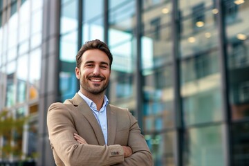 Confident young businessman standing with arms crossed in front of a modern office building, exuding success and optimism
