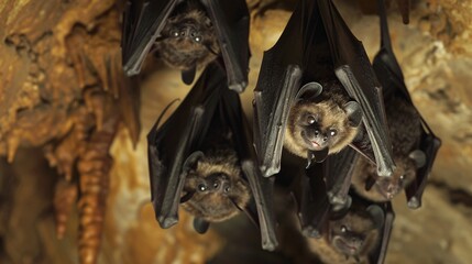 A group of bats hanging upside down in a cave and their leathery wings wrapped around their bodies