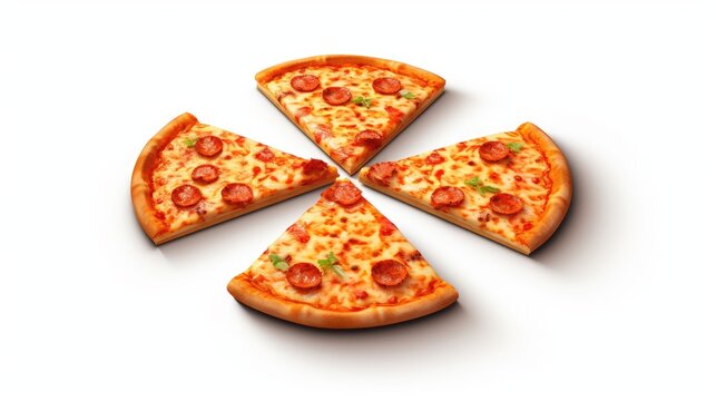 slices of delicious pizza with melted cheese and pepperoni, isolated on white background