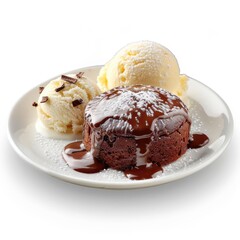 plate of desserts with ice cream and chocolate sauce