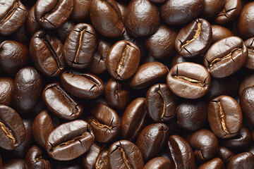 coffee beans background, An ultra-realistic close-up image of coffee beans, showcasing their texture, shine, and rich color. 