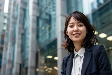 Obraz premium Portrait of a happy Japanese businesswoman in front of a modern office building, symbolizing career success and professional achievement